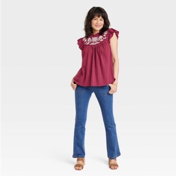 Knox Rose Embroidered Ruffle Sleeve Top - Size Large - Maroon - Picture 3 of 7